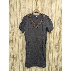Lina Tomei Blue Linen Shift Dress Beaded Neck Pockets Made In Italy Medium
